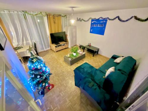 - un salon avec un arbre de Noël et un canapé dans l'établissement Petit bel air, à Chêne-Bourg