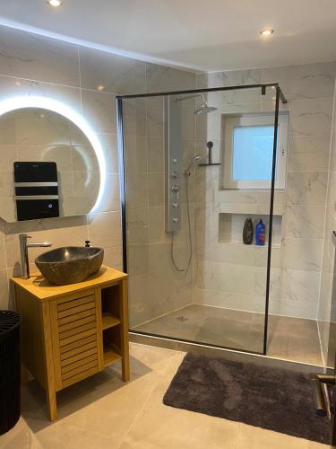 une salle de bain avec un lavabo et une douche dans l'établissement Appart lac lamartine, à Aix-les-Bains