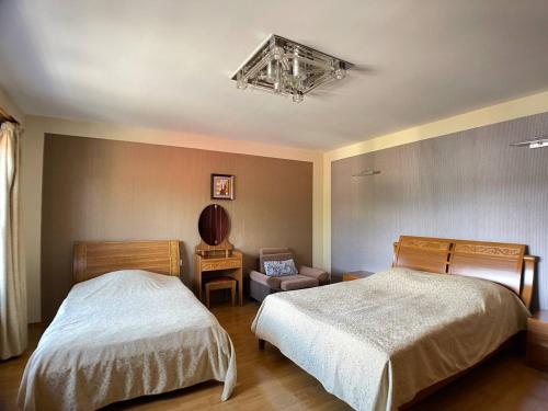 um quarto com 2 camas, uma cadeira e um lustre em Two sisters em Bakuriani