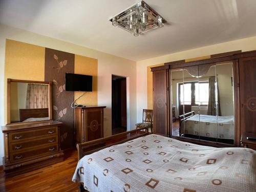 a bedroom with a bed and a dresser and a mirror at Two sisters in Bakuriani