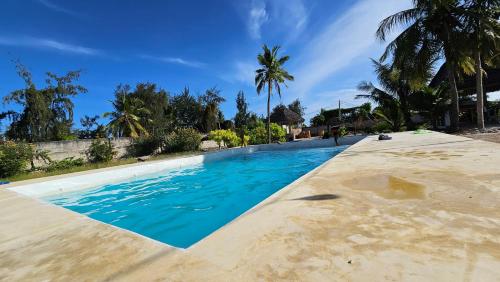 a swimming pool with blue water and palm trees at Malik Villa Matemwe in Ndizi