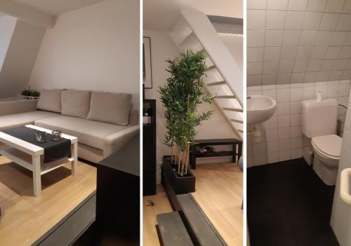 ブリュッセルにあるBrussels ZoLoのリビングルーム(ソファ付)とバスルームの写真2枚