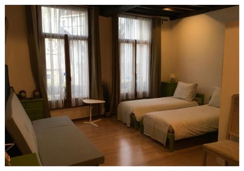 a bedroom with two beds and two windows at Brussels ZoLo in Brussels