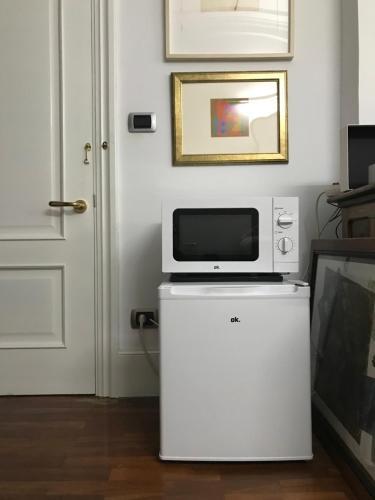- un four micro-ondes au-dessus d'un réfrigérateur à côté d'une porte dans l'établissement Habitación grande y confortable con baño privado junto a Guggenheim, à Bilbao