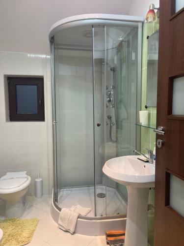 ein Bad mit einer Dusche und einem Waschbecken in der Unterkunft Hygge House in Buşteni