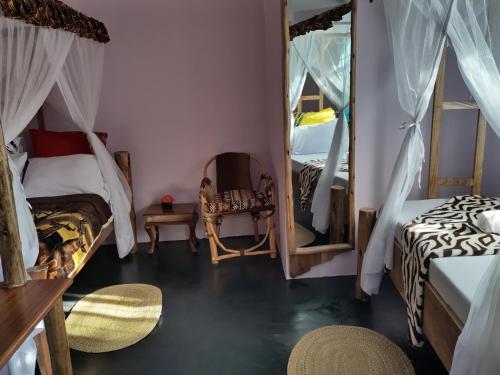 a bedroom with two beds and a mirror at Kilimanjaro Scenic Homestay in Moshi
