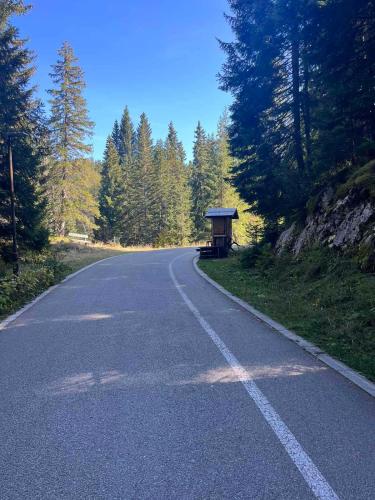 an empty road with a small building on the side at Mountain house Vojinovic Planinska kuća Vojinovic in Žabljak