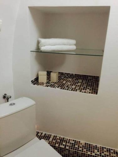 a bathroom with a toilet and towels on a shelf at Apartament Sophie in Sibiu