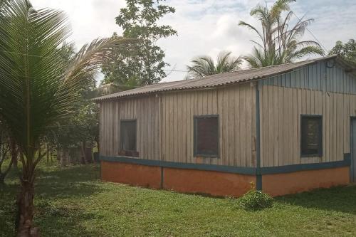 a small building with a palm tree next to it at Private Beach Jungle Cabañas in Manacapuru
