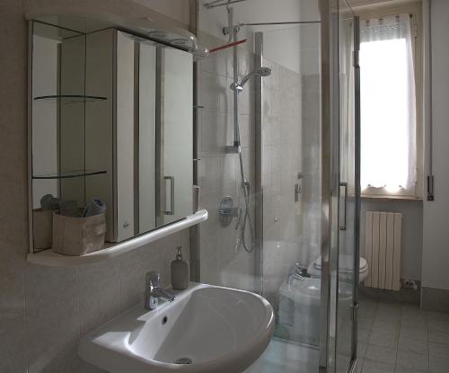 a bathroom with a sink and a shower and a mirror at Casavimo in Vimodrone