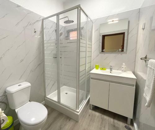 a bathroom with a shower and a toilet and a sink at Mountain View Star in Estreito da Calheta