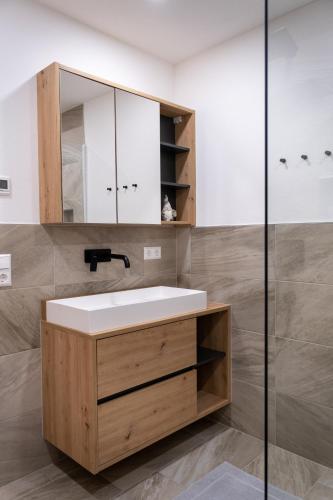a bathroom with a sink and a mirror at Appartement Ausblick in Radstadt