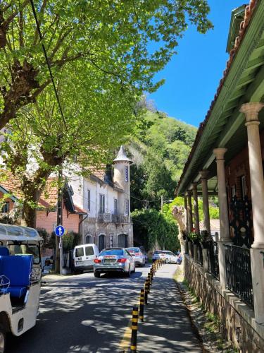 a street with cars parked on the side of the road at Sintra Viscount Apartment - Private Terrace in Sintra