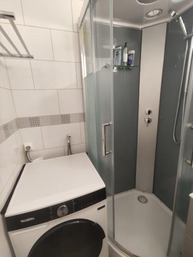 a small bathroom with a shower and a toilet at Sci LS in Fresnes