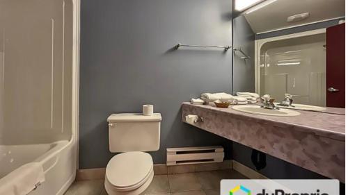 La salle de bains est pourvue de toilettes et d'un lavabo. dans l'établissement Hôtel Le Portneuvois, à Portneuf