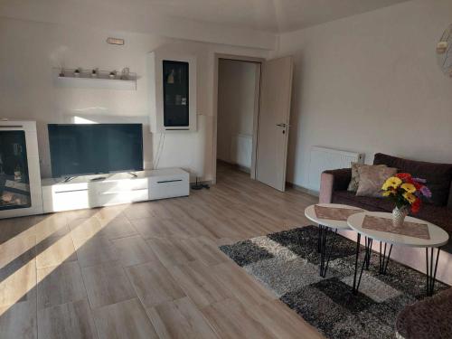 a living room with a large flat screen tv at Villa with mountain view in Gevgelija
