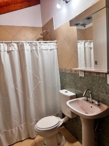 a bathroom with a toilet and a sink at Departamentos Merlina in El Hoyo