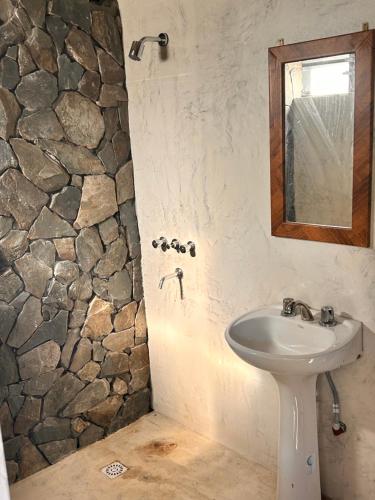 baño con lavabo y pared de piedra en Wayta “Casa de campo” en San Fernando del Valle de Catamarca