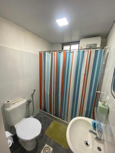 a bathroom with a shower curtain and a toilet and a sink at maripe in Balneario Argentino