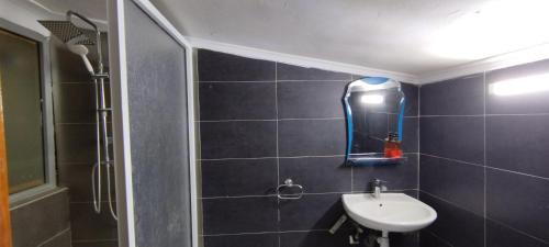 ein Bad mit einem Waschbecken, einem Spiegel und einer Dusche in der Unterkunft La Rose Blanche in Zaouia Ben Smine