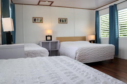 a hotel room with two beds and two windows at Horse Cottage in Sarteneja