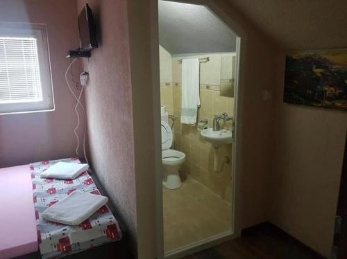 La salle de bains est pourvue d'une douche, de toilettes et d'un lavabo. dans l'établissement Villa Tino Omorani, à Veles