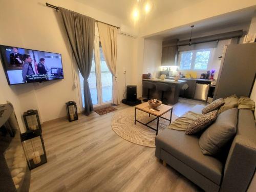 a living room with a couch and a flat screen tv at Helios Houses - Ioannina in Ioannina