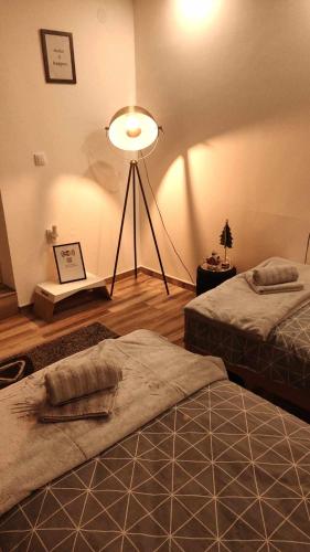 a room with two beds and a lamp in it at Temački konaci in Pirot