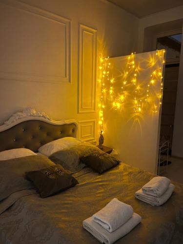 een slaapkamer met een bed met verlichting aan de muur bij Vintage apartment in Lviv