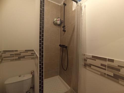 La salle de bains est pourvue d'une douche, d'une baignoire et de toilettes. dans l'établissement Grand studio cosy calme, à Clichy-sous-Bois