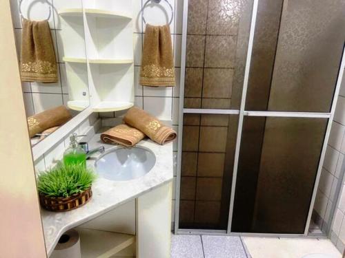 y baño con lavabo y ducha. en Apartamento Rafaelli, en Florianópolis