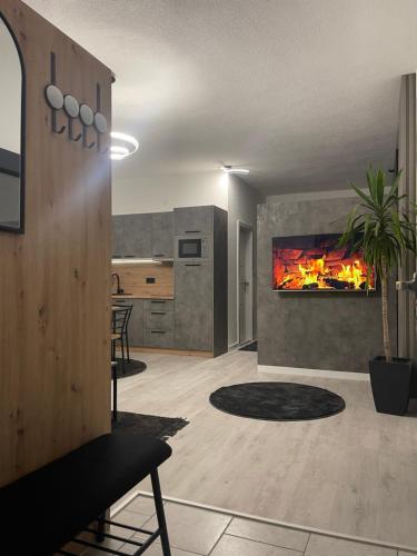 uma sala de estar com lareira numa cozinha em Apartman Kis em Jajce