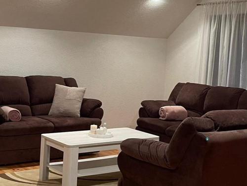 a living room with two couches and a coffee table at Apartman Vuksanović - Kolašin in Drijenak