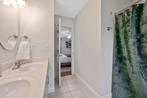 y baño con lavabo y ducha. en NEW Victorian Theme, 3BR, LRG Backyard close to PNC Arena, Downtown, and RDU Airport en Raleigh