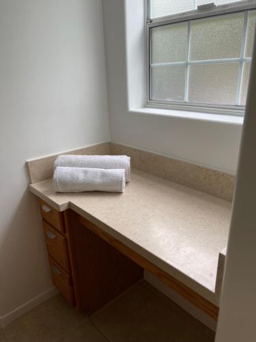 een badkamer met een aanrecht met een raam en een handdoek bij Charming Bright Traditional Home in Sherman Oaks in Sherman Oaks