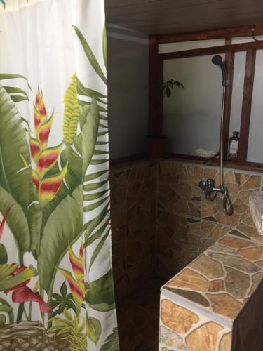 a bathroom with a shower curtain and a sink at Fare Te ava Fitii in Fitii