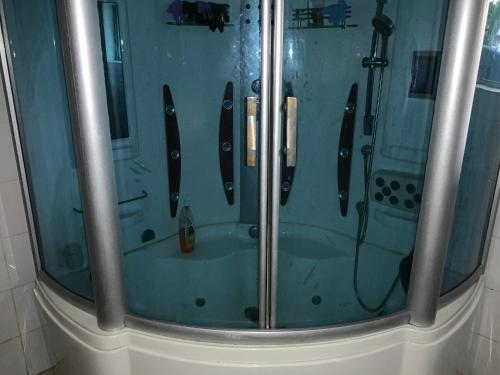 La salle de bains est pourvue d'une douche et d'une paroi en verre. dans l'établissement DBI GUEST HOUSE, à Lagos