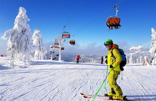 un hombre esquiando en la nieve en un remonte en Pension Robin, en Jáchymov