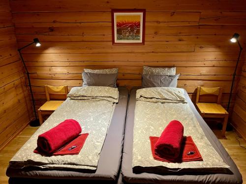 2 camas en una cabaña de madera con almohadas rojas en Lake Sieri House en Rovaniemi
