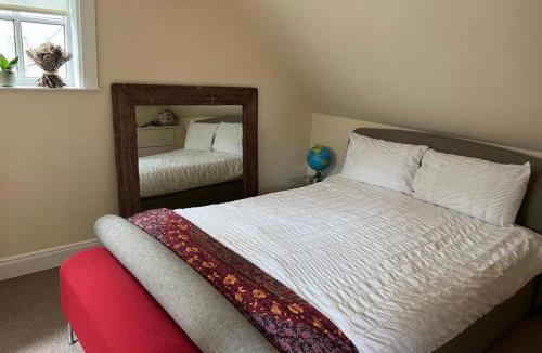 a bedroom with a large bed and a mirror at Self Contained Coach House in Leafy South Belfast the location is not accurate in Belfast