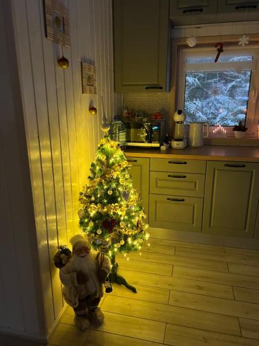 a small christmas tree in a kitchen with a doll next to it at Luxury countryside house 2 min walk to the beach in Narva-Jõesuu