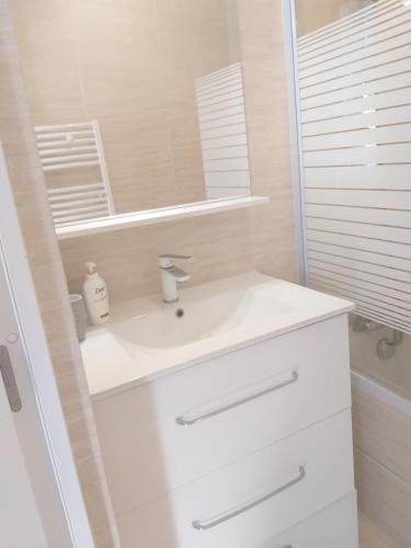 uma casa de banho com um lavatório branco e um espelho. em Logement point du jour em Auneuil