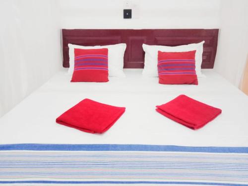 a bed with red and blue pillows on it at Arachchi Guest House in Mirissa