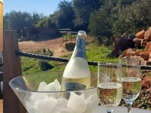 a bottle of wine in a bowl and two glasses at Tiny House Loule Algarve in Loulé