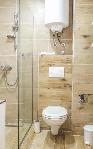a bathroom with a toilet and a shower at Milmari Apartments Pahulja N Lux in Kopaonik
