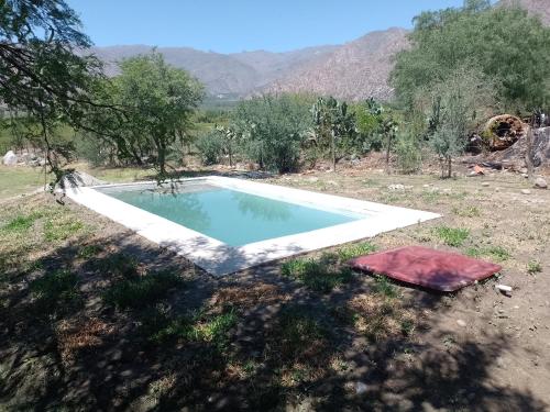 una piscina en un campo con montañas en el fondo en Cabañas Cafayate III en Cafayate