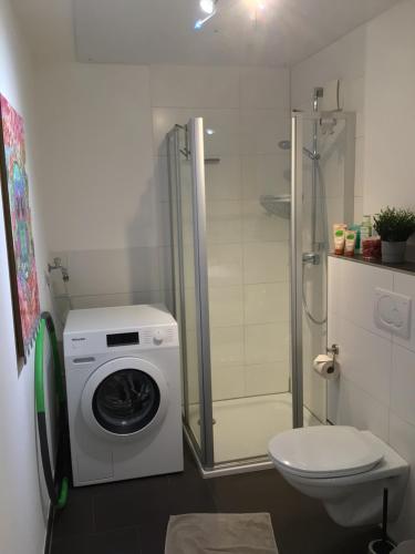 a bathroom with a washing machine and a toilet at Wohnung in gehobener Lage in Bruchsal