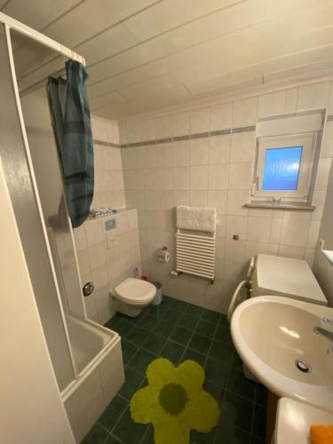 a small bathroom with a toilet and a sink at Große Helle Souterrain Wohnung am Wald in Bad Saarow Nahe Grünheide und Berlin in Bad Saarow