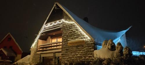 a building covered in snow at night at Šírovka in Horní Polubný