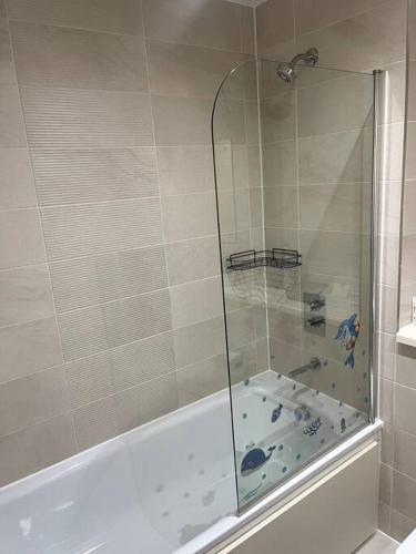 a shower with a glass door in a bathroom at Cozie 1 BR apartment in Manchester
